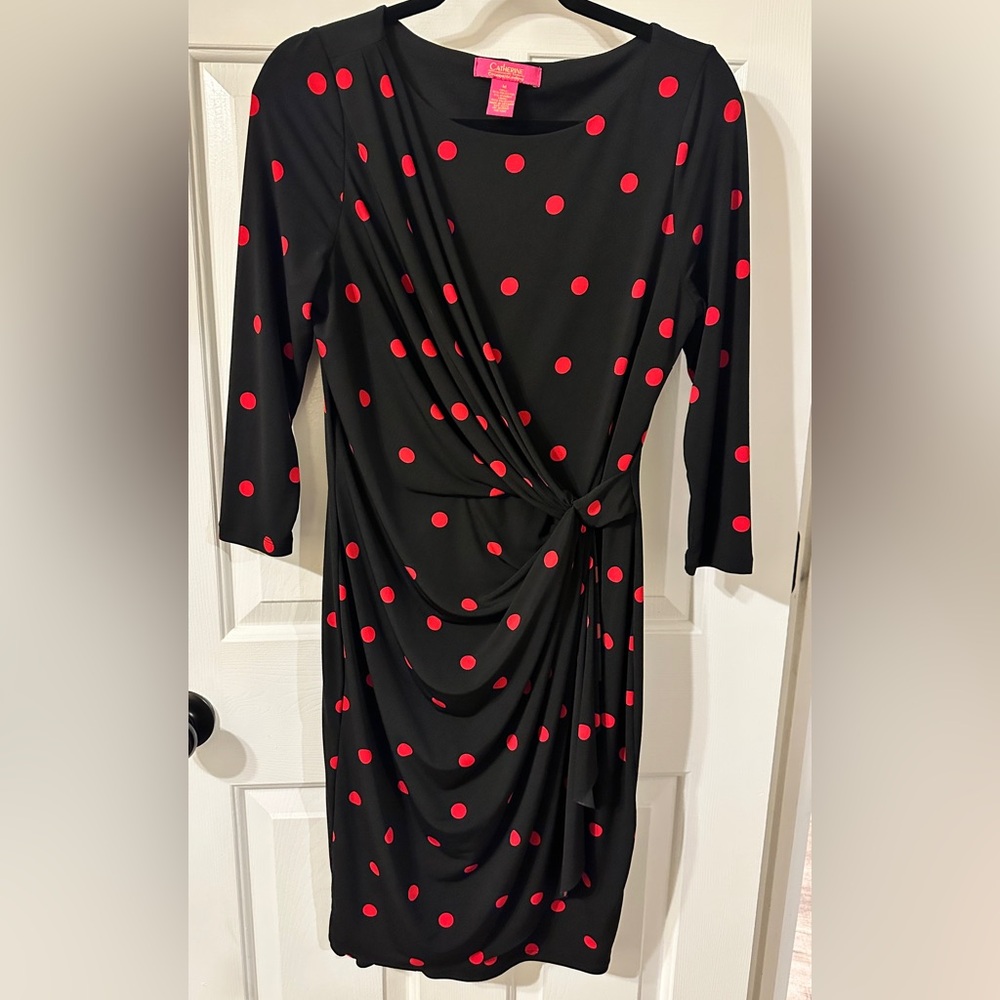 Catherine MaLandrino wrap dress. Black with red polka dots. Size m, 3/4 sleeves